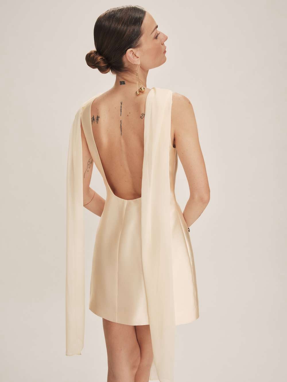 Reformation Cream Backless Mini Dress with Draped Shoulder Ties